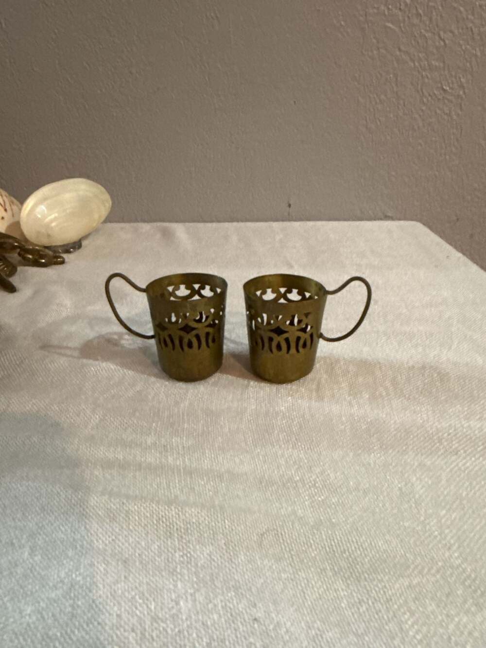 Vintage Brass Tea Glass Holders Pierced Set Of Two